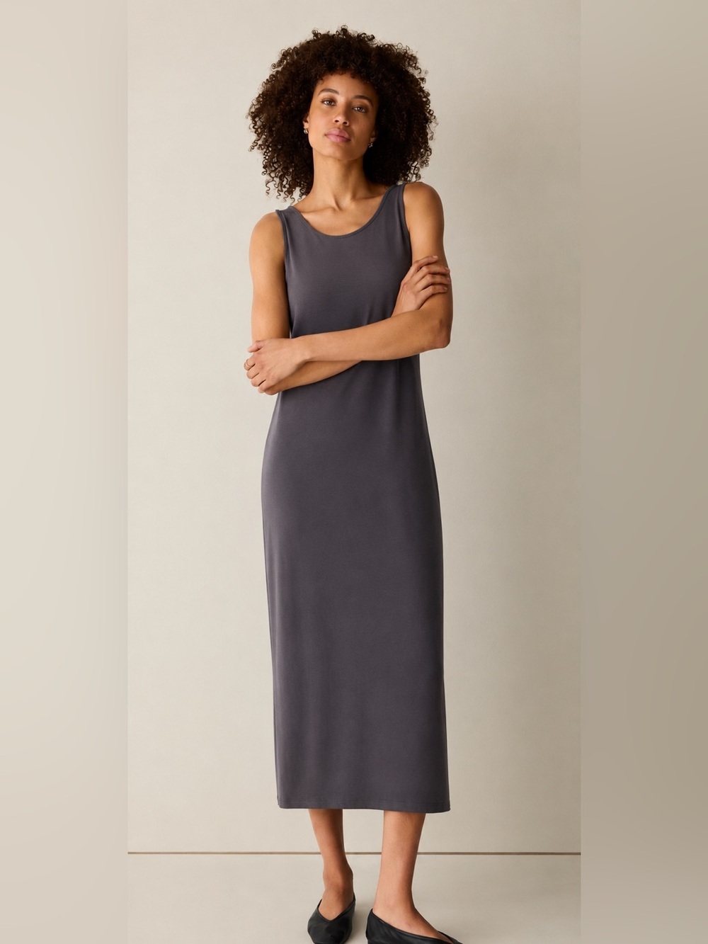 Eileen Fisher Stretch Jersey Knit Scoop Neck Dress minimalist travel teacher